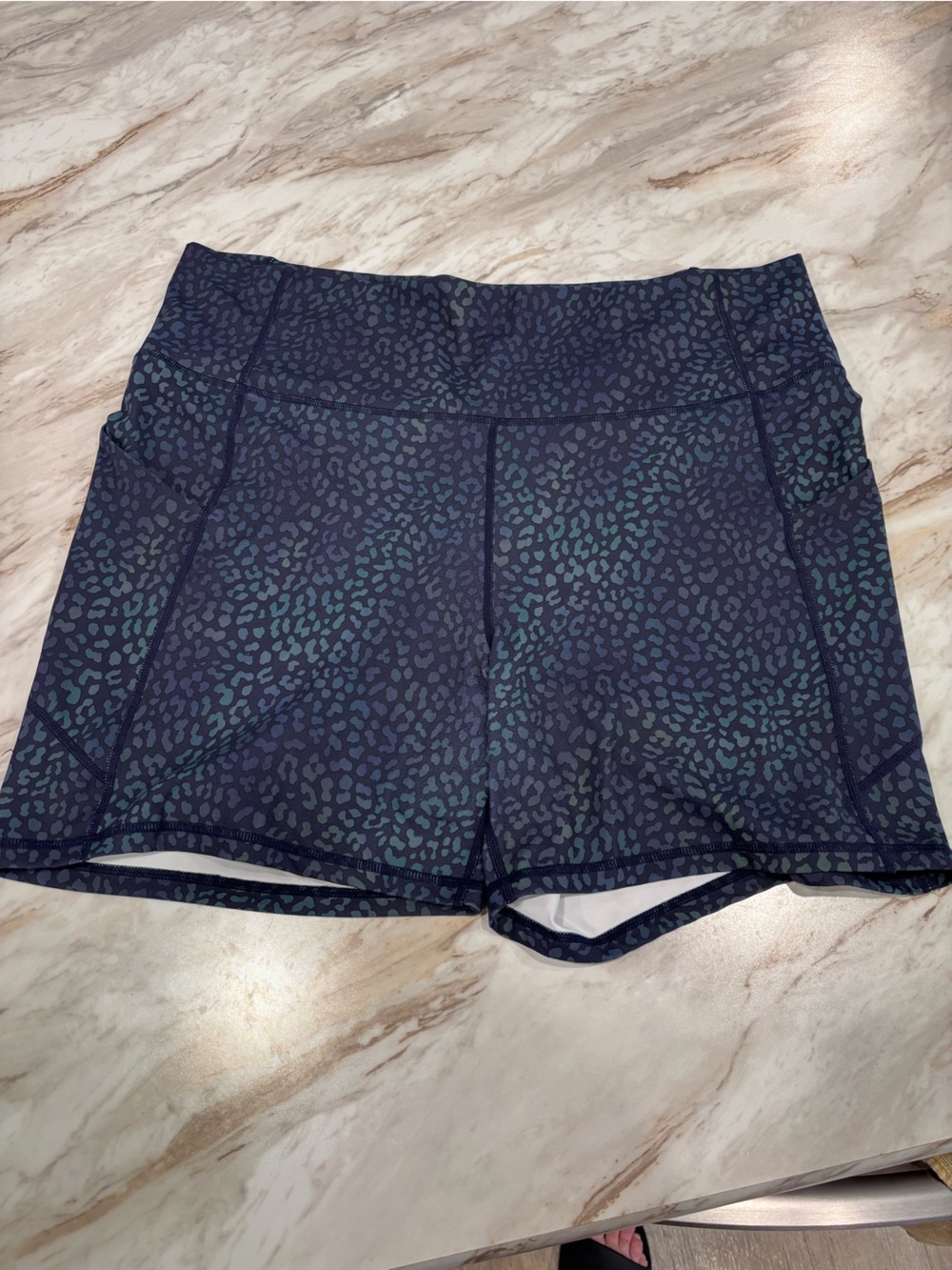 Fabletics Navy and Teal Leopard Print Bike Shorts